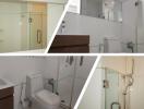 Collage of modern bathroom interiors showing shower, toilet, and sink