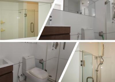 Collage of modern bathroom interiors showing shower, toilet, and sink