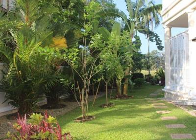 Lush garden with tropical plants and pathway leading to a residential building