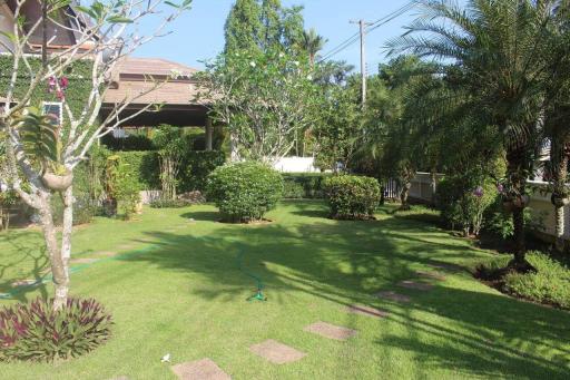 Lush green garden with well-maintained lawn and tropical plants