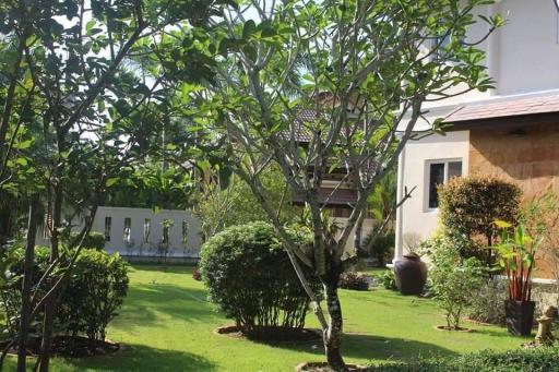 Well-maintained garden with lush greenery and a variety of plants in front of a residence