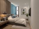 Modern bedroom with a comfortable bed, elegant decor, and hardwood floors