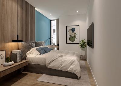 Modern bedroom with a comfortable bed, elegant decor, and hardwood floors