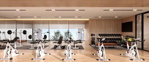 Modern home gym with exercise equipment and large windows