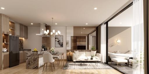 Modern open concept living space with combined living room, dining area, and kitchen