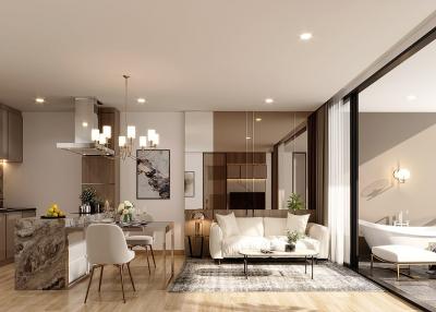 Modern open concept living space with combined living room, dining area, and kitchen