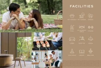Collage of multiple spaces including outdoor area, dining area, and facilities icons