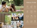 Collage of multiple spaces including outdoor area, dining area, and facilities icons