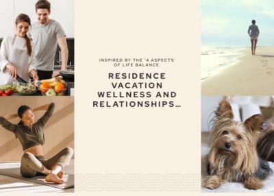 Collage including kitchen scene, beach scene, yoga scene, and a pet dog