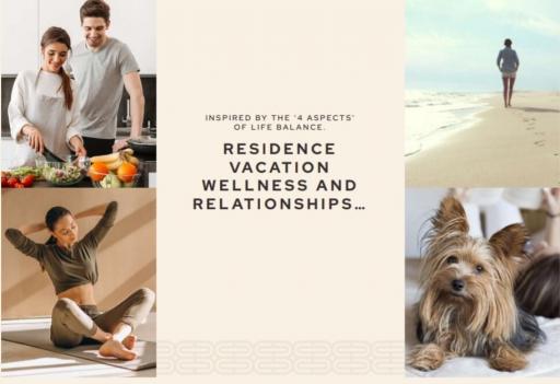 Collage including kitchen scene, beach scene, yoga scene, and a pet dog