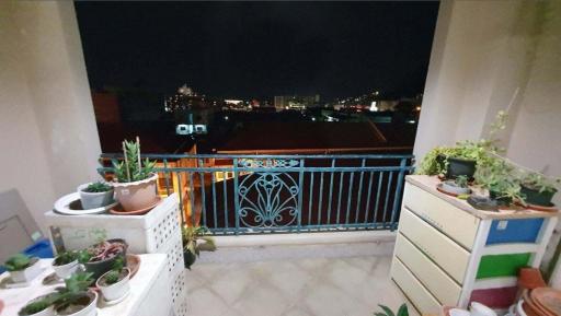 Cozy balcony with potted plants and city view at night