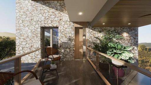 Modern house entrance with natural stone wall and wooden ceiling
