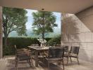 Spacious patio area with dining set and view of the garden