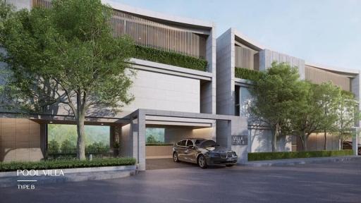 Modern luxury villa exterior with car port and landscaped trees