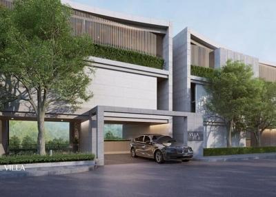 Modern luxury villa exterior with car port and landscaped trees