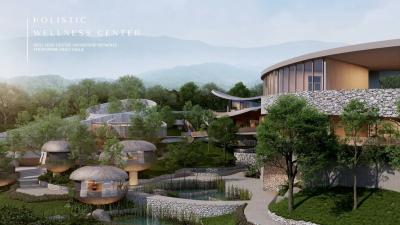 Holistic wellness center with modern architecture surrounded by nature