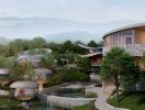 Holistic wellness center with modern architecture surrounded by nature