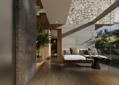 Modern living room with large windows and natural stone wall