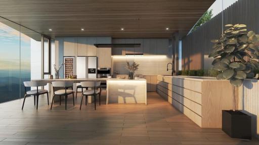 Modern kitchen with dining area and scenic view