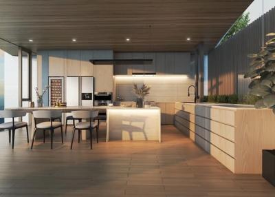 Modern kitchen with dining area and scenic view