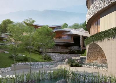 Modern eco-friendly residential architecture with natural pool and lush landscaping