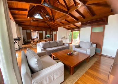 Spacious living room with high wooden ceiling and ample natural light