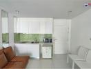 Modern kitchen with white cabinets and brown sofa