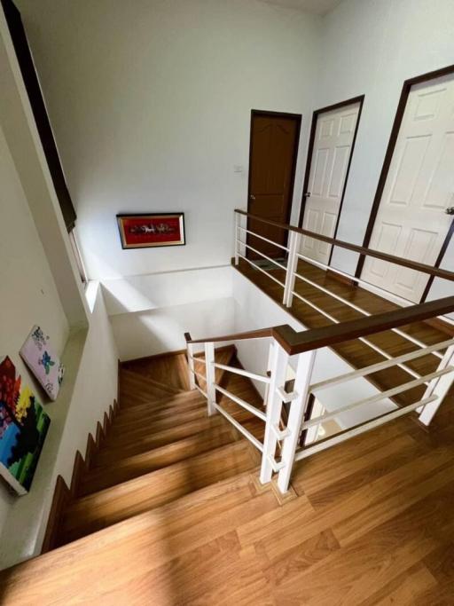Wooden staircase leading to upper floor with white railing and hardwood floors
