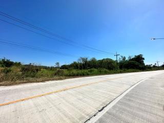 Empty paved road with clear blue sky and surrounding greenery