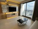 Modern living room with city view