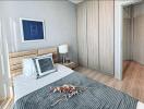 Modern bedroom with wooden bed frame and minimalist decor