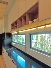 Modern kitchen with blue countertops, white cabinets, and a view of greenery through the window