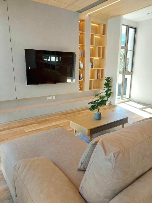 Modern living room with wooden flooring and built-in wall shelves