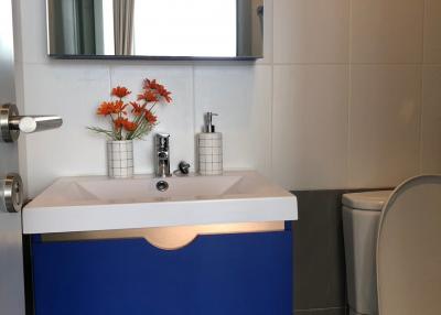 Modern bathroom with blue vanity and silver accessories