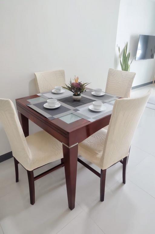 Modern dining room with a table set for four