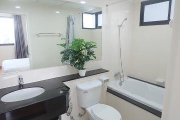 Modern bathroom with bathtub and houseplant on the counter