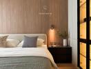 Elegant modern bedroom with neat bedding and ambient lighting