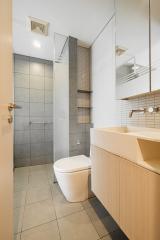 Modern bathroom with walk-in shower, toilet, and vanity sink