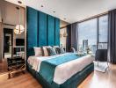 Modern bedroom with large windows and city view