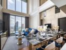 Modern living room with dining area and panoramic city view through large windows