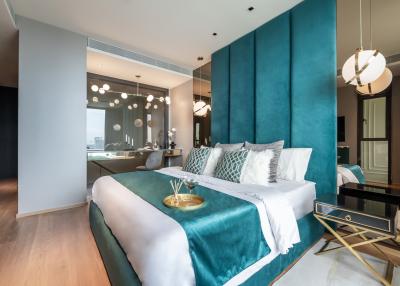 Modern bedroom with en-suite bathroom and elegant decor