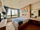 Modern bedroom with a large window and comfortable furnishings