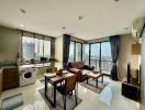 Spacious living room with modern furnishings and city view