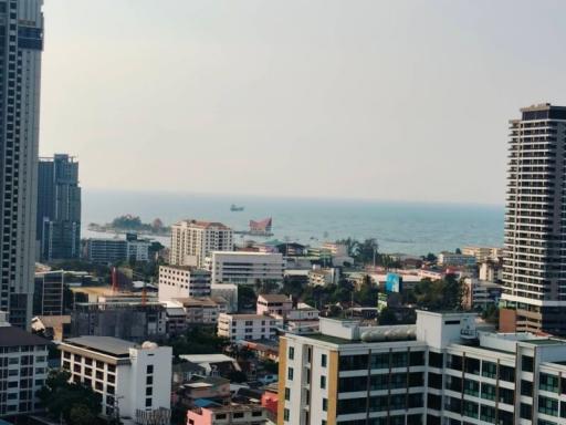 View of a coastal city with high-rise buildings overlooking the sea