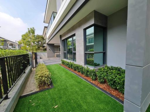 Modern house exterior with landscaped garden