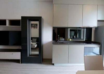 Modern kitchen with built-in appliances and ample shelving