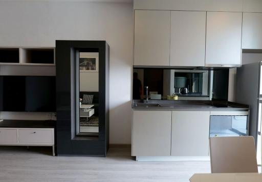 Modern kitchen with built-in appliances and ample shelving