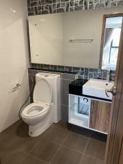 Modern bathroom with a combination of white ceramic fixtures and wood finishes