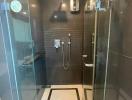 Modern bathroom interior with glass shower and dark tiles