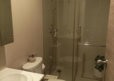 Modern bathroom interior with glass shower cubicle